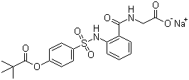 Propanoic acid,2,2-dimethyl-,4-[[[2-[[(carboxymethyl)amino]carbonyl]phenyl]amino]sulfonyl]phenyl ester,sodium salt (1:1)